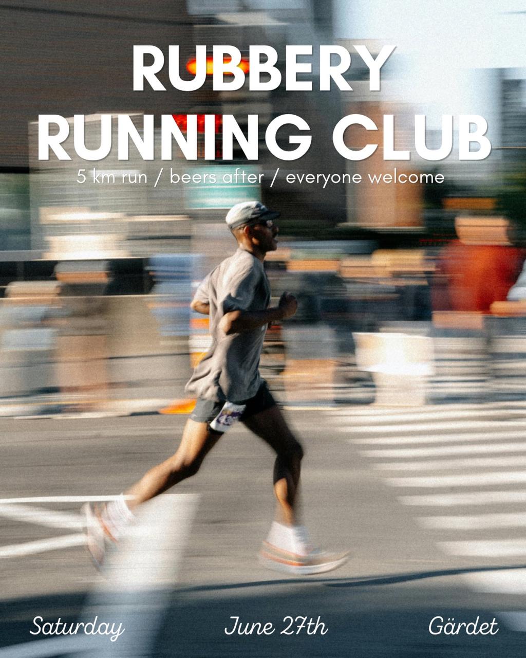 Rubbery Running Club poster showing a runner crossing a city street