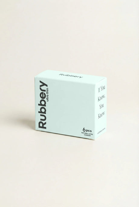 Box of Rubbery ultra thin condoms on a beige background