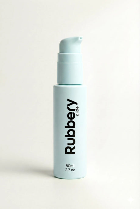 Bottle of Rubbery glide lubricant on a white background